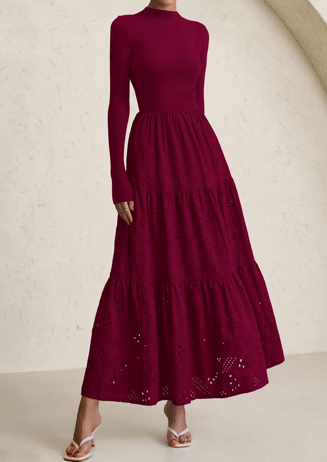 imagePRETTYGARDEN Long Sleeve Maxi Dress for Women 2026 Fall Eyelet A Line Elegant Classy Flowy Mock Neck Spring Vacation DressesWine Red