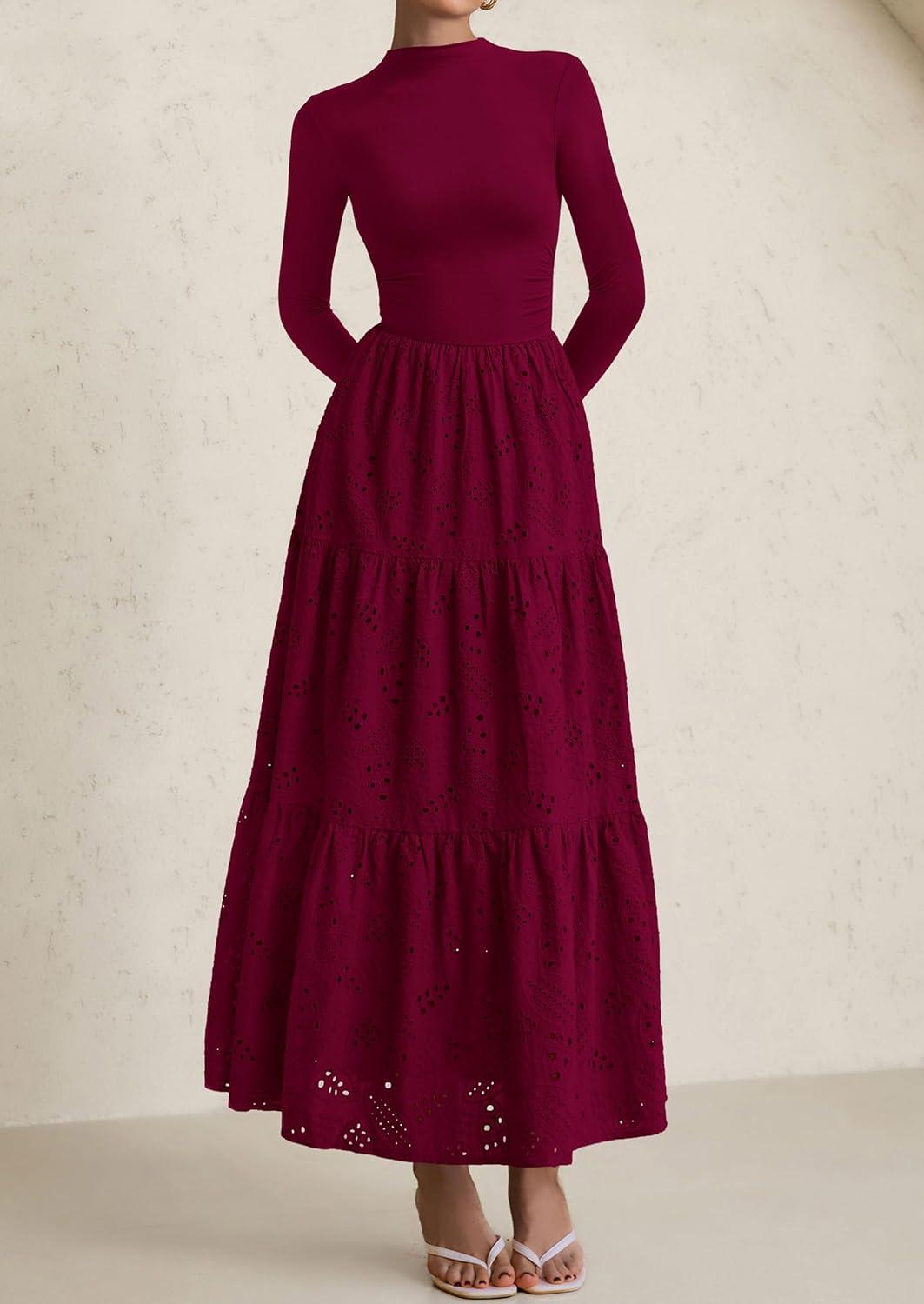 imagePRETTYGARDEN Long Sleeve Maxi Dress for Women 2026 Fall Eyelet A Line Elegant Classy Flowy Mock Neck Spring Vacation DressesWine Red