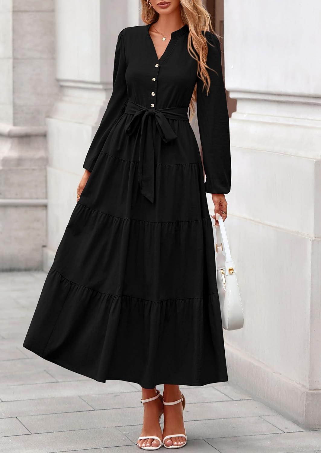 imagePRETTYGARDEN Maxi Dresses for Women Spring Long Sleeve V Neck Belted A Line Flowy Boho Wedding Guest Dress PocketsBlack