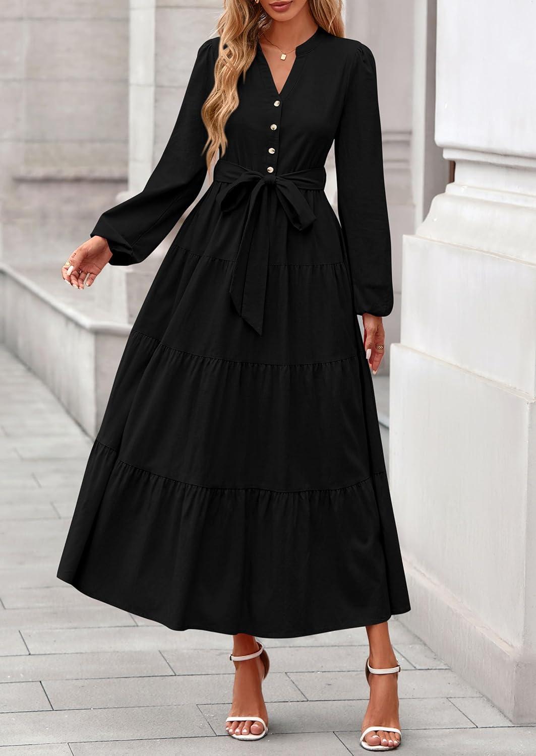 imagePRETTYGARDEN Maxi Dresses for Women Spring Long Sleeve V Neck Belted A Line Flowy Boho Wedding Guest Dress PocketsBlack