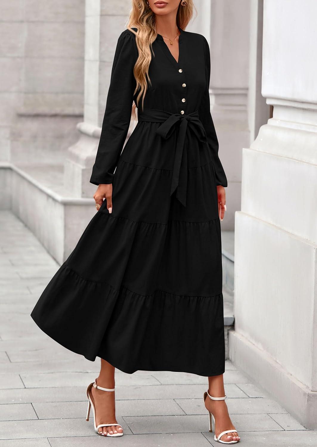 imagePRETTYGARDEN Maxi Dresses for Women Spring Long Sleeve V Neck Belted A Line Flowy Boho Wedding Guest Dress PocketsBlack