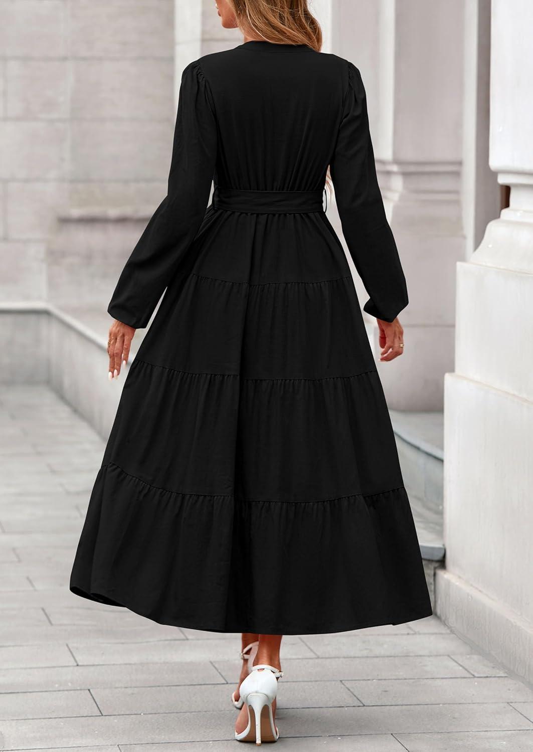 imagePRETTYGARDEN Maxi Dresses for Women Spring Long Sleeve V Neck Belted A Line Flowy Boho Wedding Guest Dress PocketsBlack