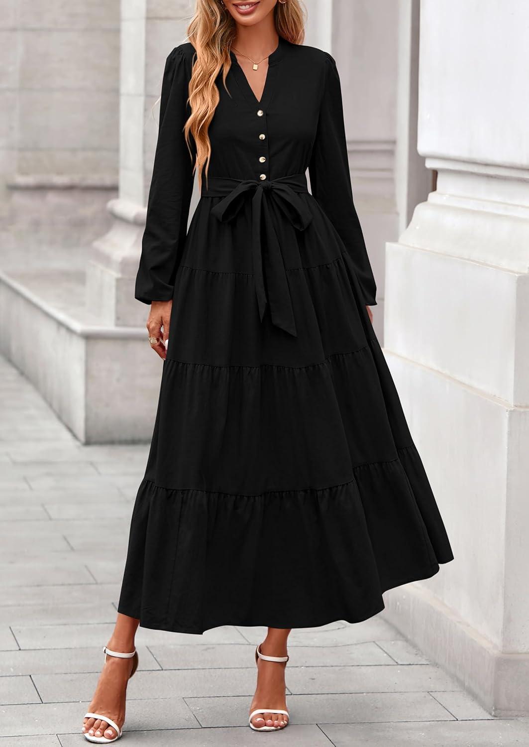 imagePRETTYGARDEN Maxi Dresses for Women Spring Long Sleeve V Neck Belted A Line Flowy Boho Wedding Guest Dress PocketsBlack