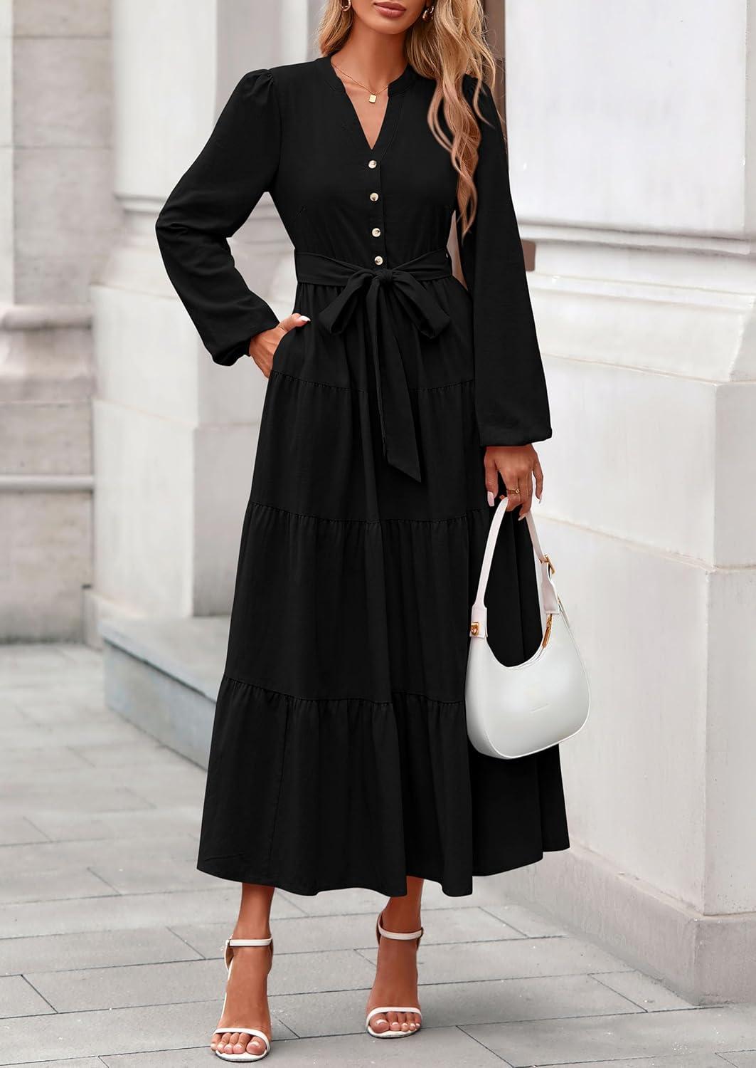 imagePRETTYGARDEN Maxi Dresses for Women Spring Long Sleeve V Neck Belted A Line Flowy Boho Wedding Guest Dress PocketsBlack