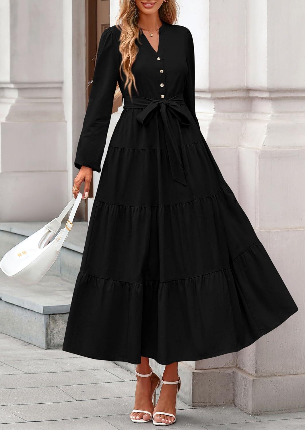 imagePRETTYGARDEN Maxi Dresses for Women Spring Long Sleeve V Neck Belted A Line Flowy Boho Wedding Guest Dress PocketsBlack