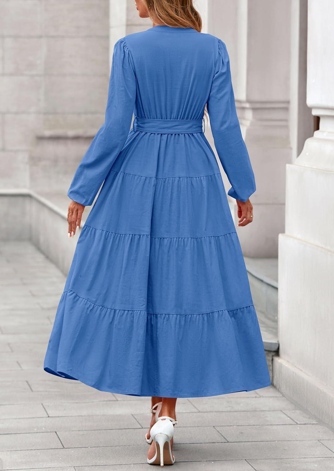 imagePRETTYGARDEN Maxi Dresses for Women Spring Long Sleeve V Neck Belted A Line Flowy Boho Wedding Guest Dress PocketsBlue