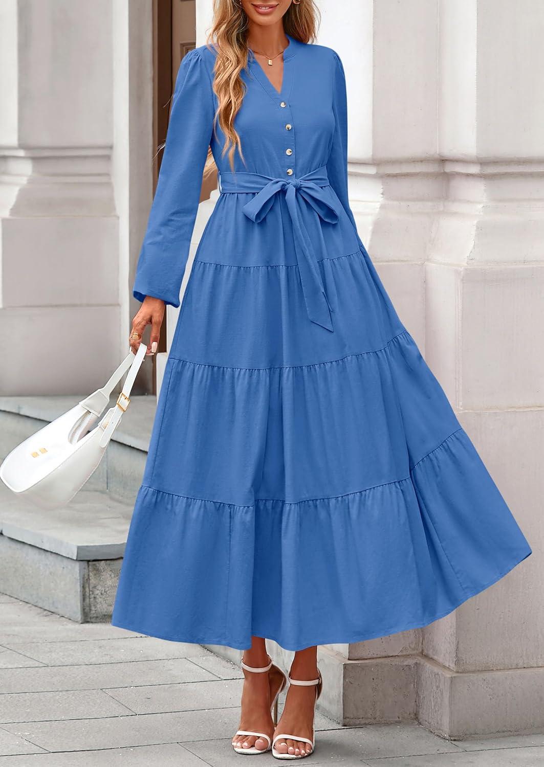 imagePRETTYGARDEN Maxi Dresses for Women Spring Long Sleeve V Neck Belted A Line Flowy Boho Wedding Guest Dress PocketsBlue