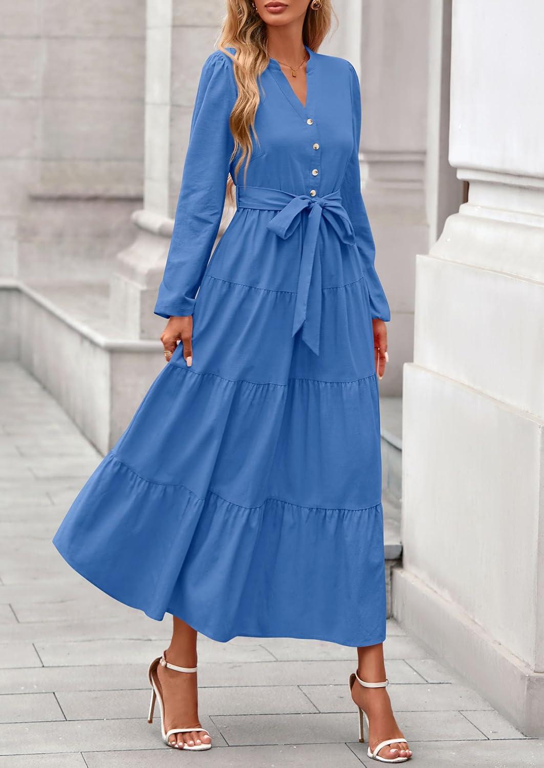 imagePRETTYGARDEN Maxi Dresses for Women Spring Long Sleeve V Neck Belted A Line Flowy Boho Wedding Guest Dress PocketsBlue