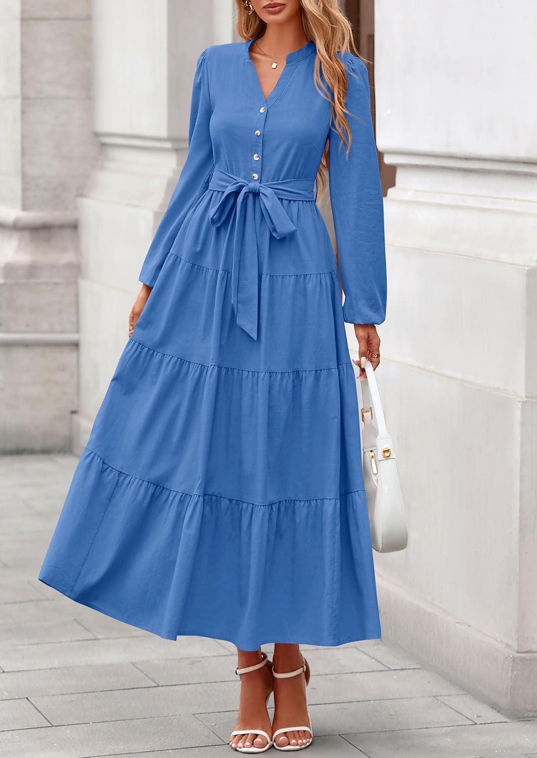 imagePRETTYGARDEN Maxi Dresses for Women Spring Long Sleeve V Neck Belted A Line Flowy Boho Wedding Guest Dress PocketsBlue