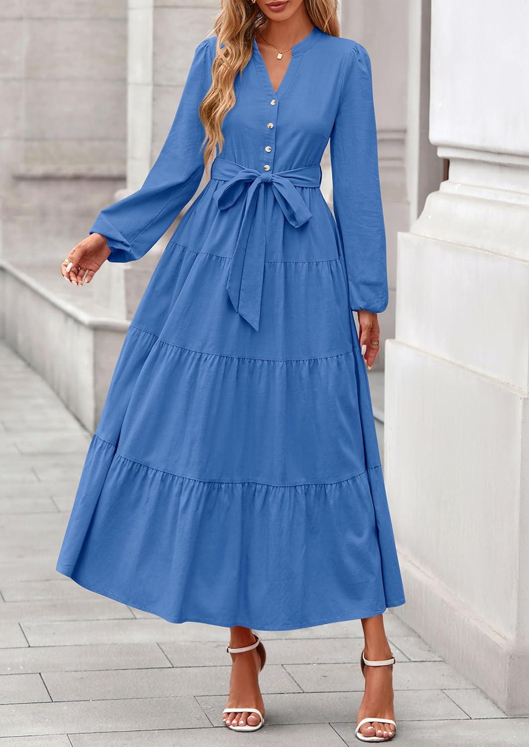imagePRETTYGARDEN Maxi Dresses for Women Spring Long Sleeve V Neck Belted A Line Flowy Boho Wedding Guest Dress PocketsBlue