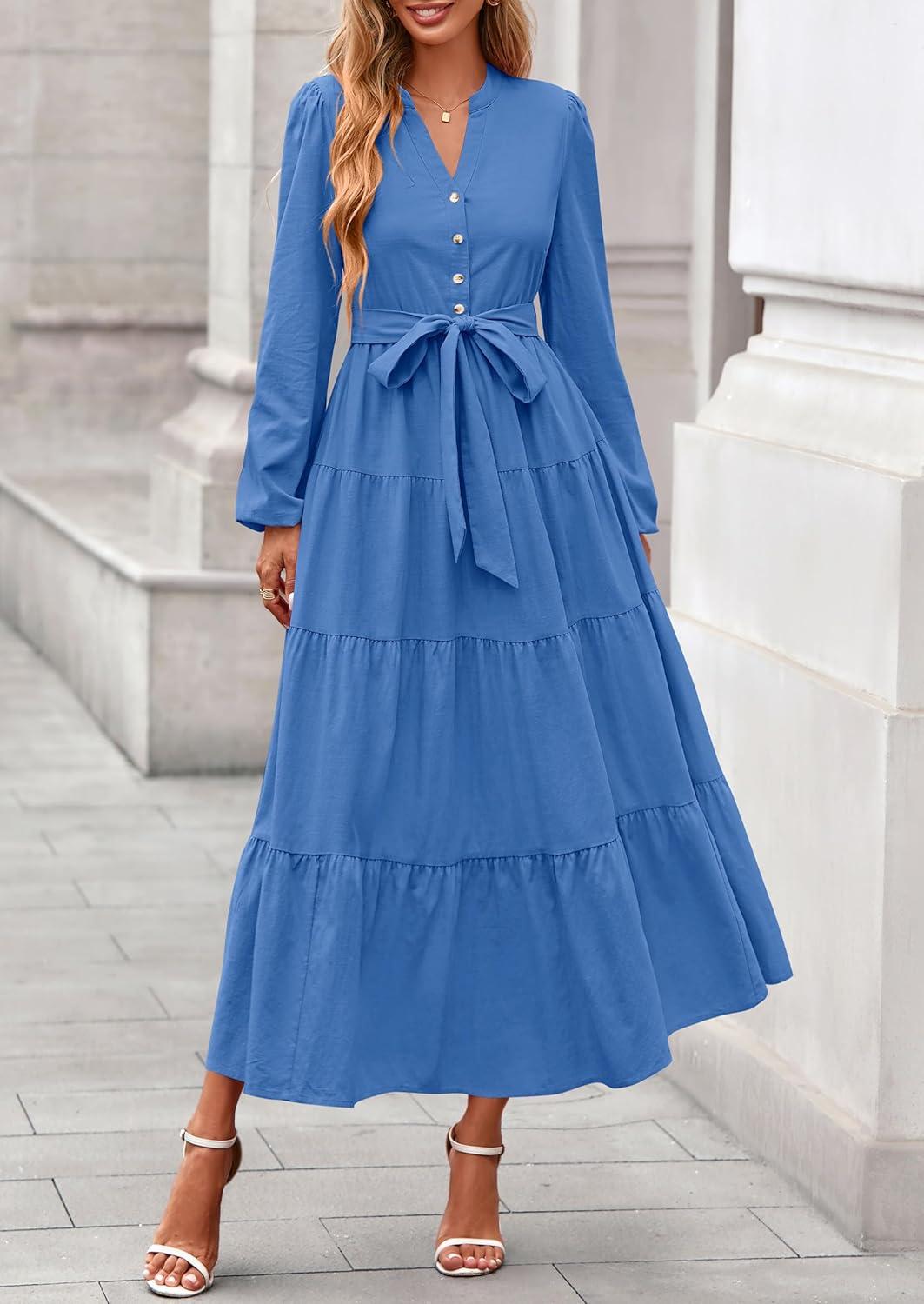 imagePRETTYGARDEN Maxi Dresses for Women Spring Long Sleeve V Neck Belted A Line Flowy Boho Wedding Guest Dress PocketsBlue