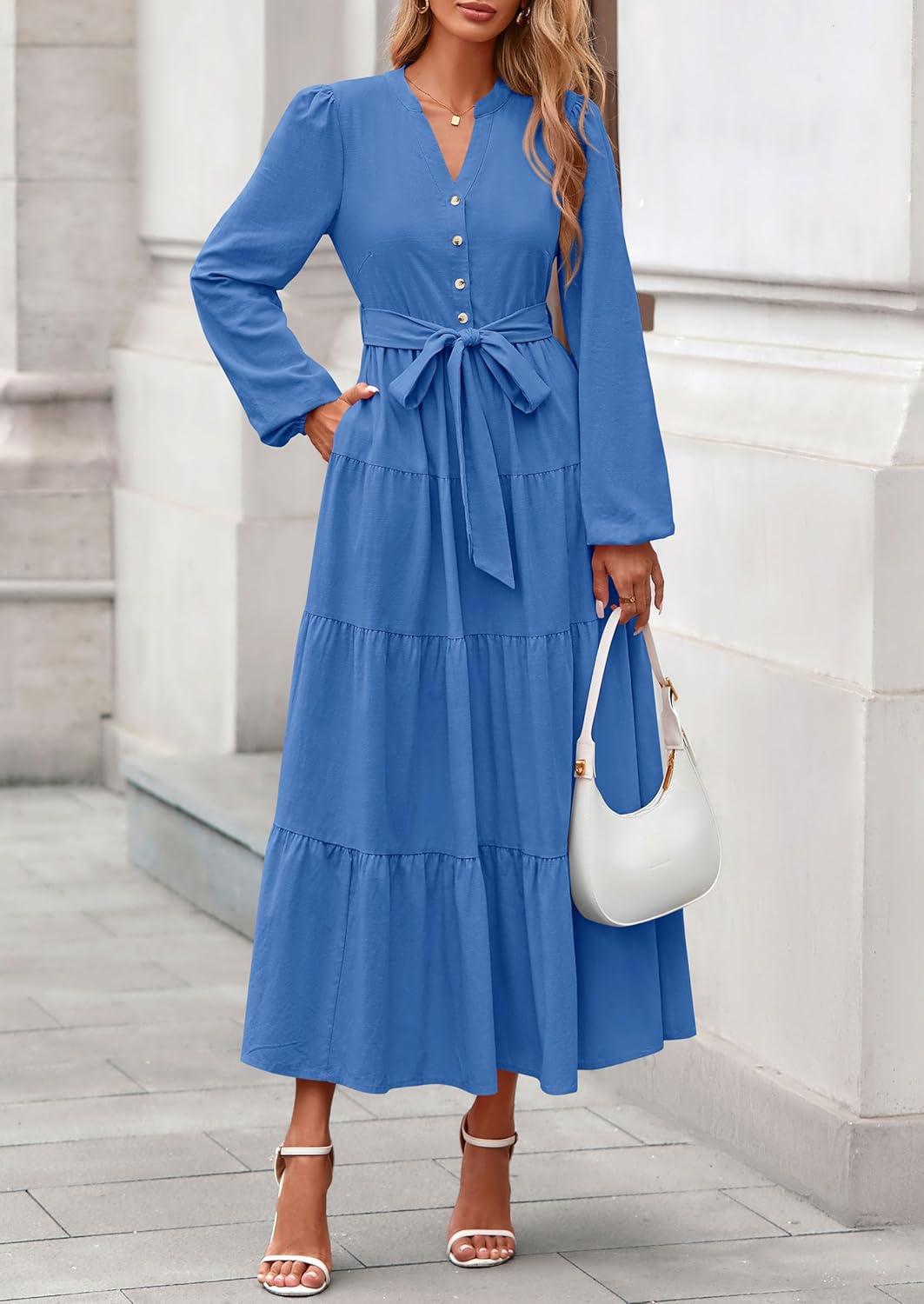 imagePRETTYGARDEN Maxi Dresses for Women Spring Long Sleeve V Neck Belted A Line Flowy Boho Wedding Guest Dress PocketsBlue
