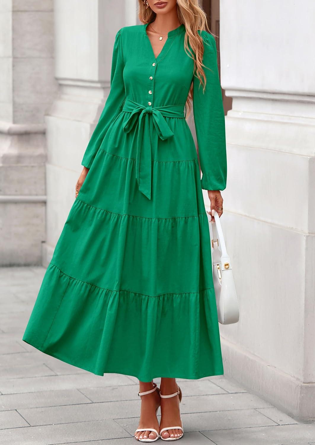 imagePRETTYGARDEN Maxi Dresses for Women Spring Long Sleeve V Neck Belted A Line Flowy Boho Wedding Guest Dress PocketsGreen