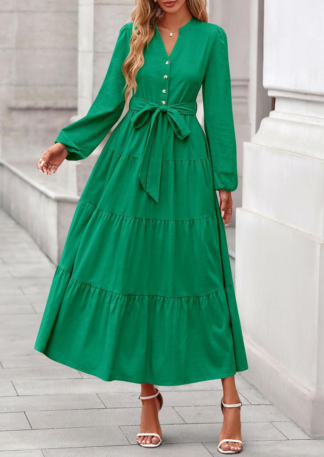 imagePRETTYGARDEN Maxi Dresses for Women Spring Long Sleeve V Neck Belted A Line Flowy Boho Wedding Guest Dress PocketsGreen