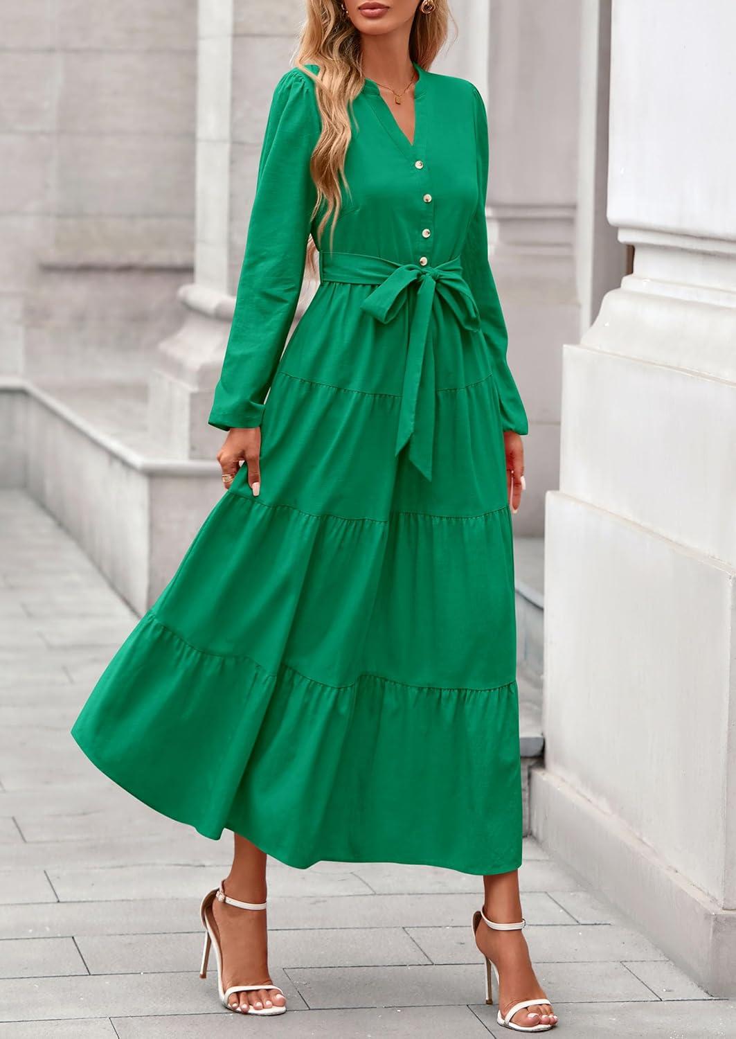 imagePRETTYGARDEN Maxi Dresses for Women Spring Long Sleeve V Neck Belted A Line Flowy Boho Wedding Guest Dress PocketsGreen