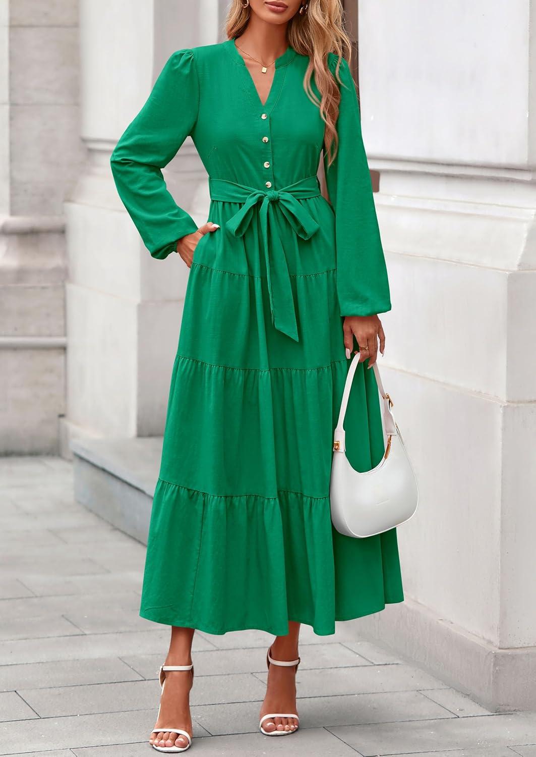 imagePRETTYGARDEN Maxi Dresses for Women Spring Long Sleeve V Neck Belted A Line Flowy Boho Wedding Guest Dress PocketsGreen
