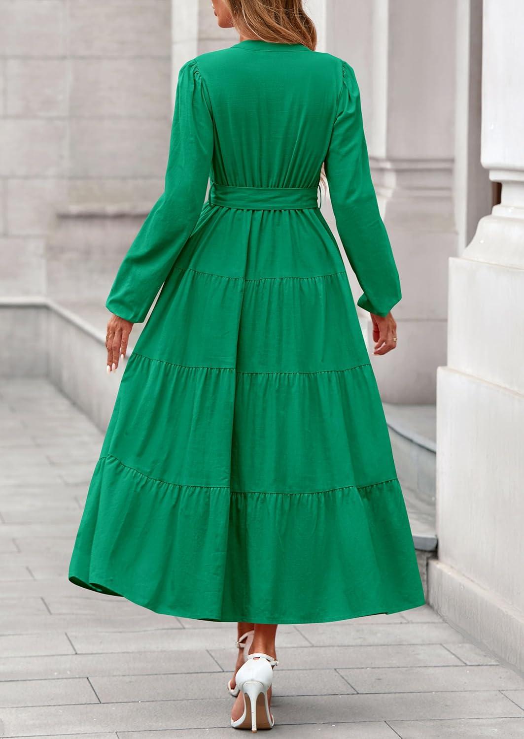 imagePRETTYGARDEN Maxi Dresses for Women Spring Long Sleeve V Neck Belted A Line Flowy Boho Wedding Guest Dress PocketsGreen