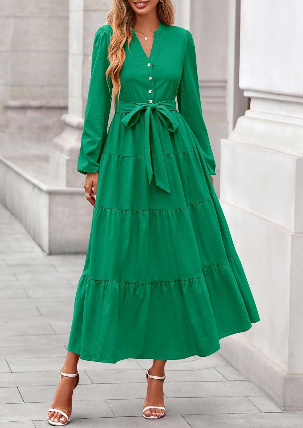 imagePRETTYGARDEN Maxi Dresses for Women Spring Long Sleeve V Neck Belted A Line Flowy Boho Wedding Guest Dress PocketsGreen