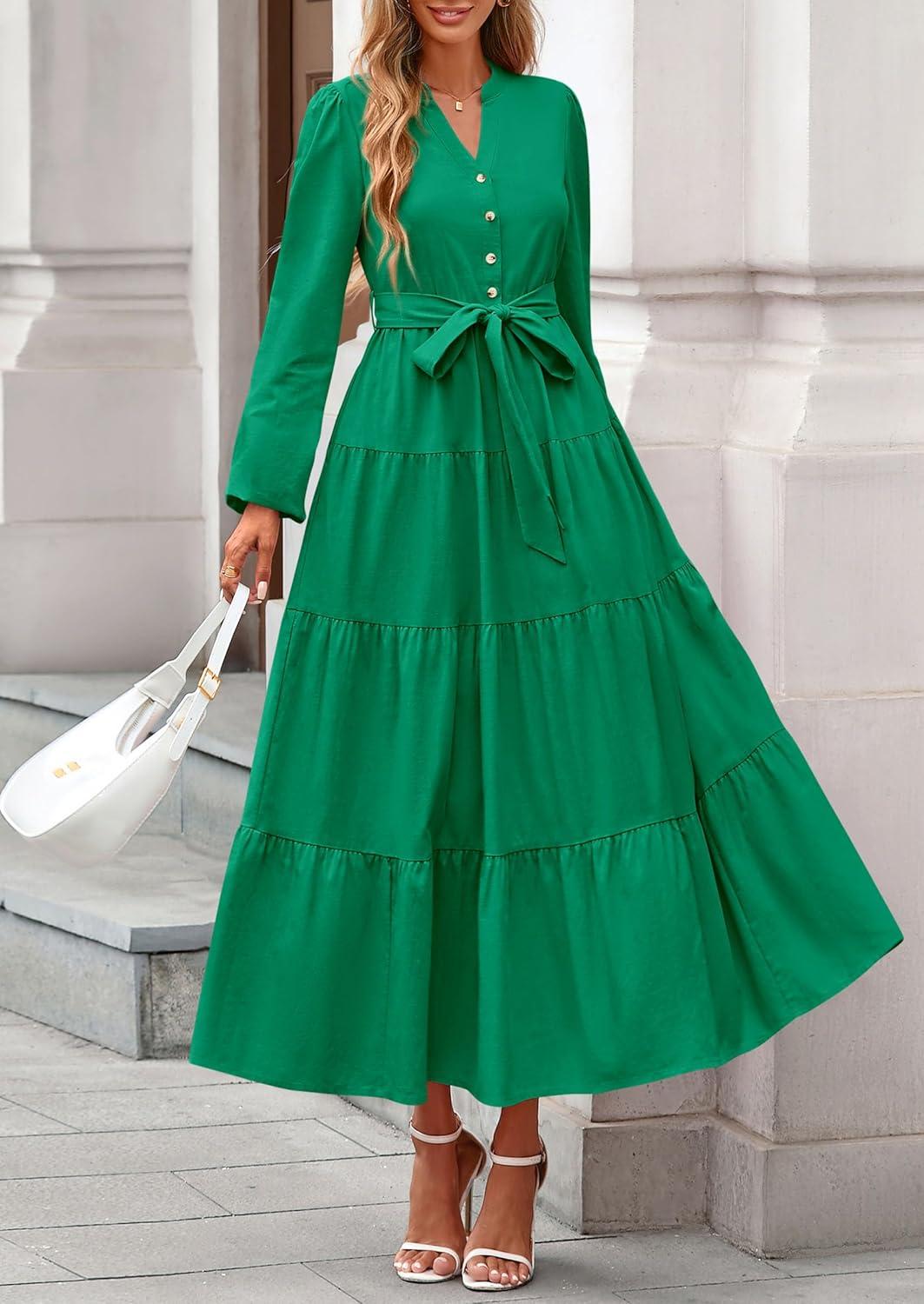 imagePRETTYGARDEN Maxi Dresses for Women Spring Long Sleeve V Neck Belted A Line Flowy Boho Wedding Guest Dress PocketsGreen
