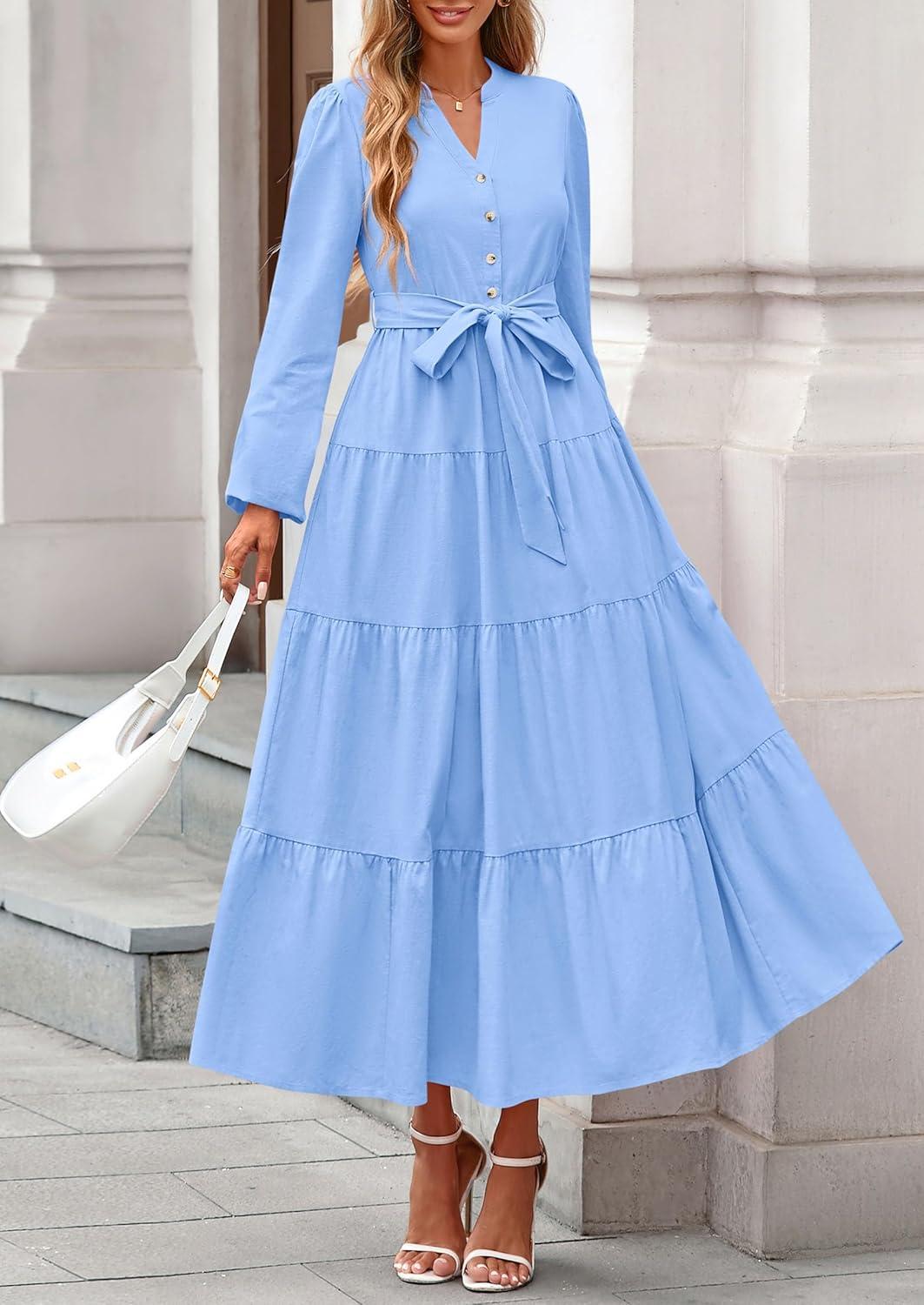 imagePRETTYGARDEN Maxi Dresses for Women Spring Long Sleeve V Neck Belted A Line Flowy Boho Wedding Guest Dress PocketsLight Blue