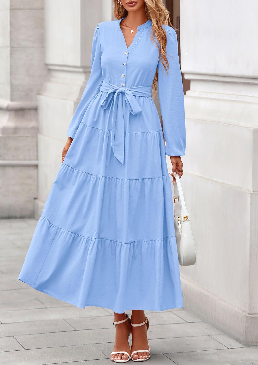 imagePRETTYGARDEN Maxi Dresses for Women Spring Long Sleeve V Neck Belted A Line Flowy Boho Wedding Guest Dress PocketsLight Blue