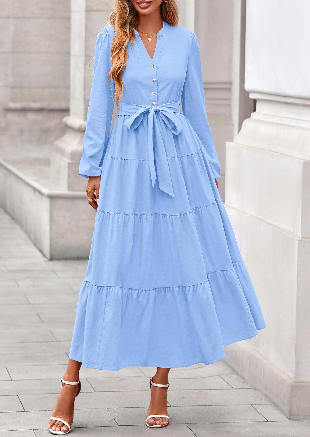imagePRETTYGARDEN Maxi Dresses for Women Spring Long Sleeve V Neck Belted A Line Flowy Boho Wedding Guest Dress PocketsLight Blue