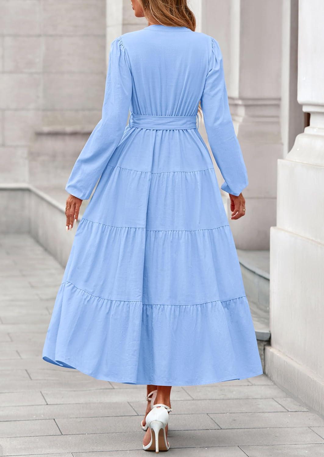 imagePRETTYGARDEN Maxi Dresses for Women Spring Long Sleeve V Neck Belted A Line Flowy Boho Wedding Guest Dress PocketsLight Blue