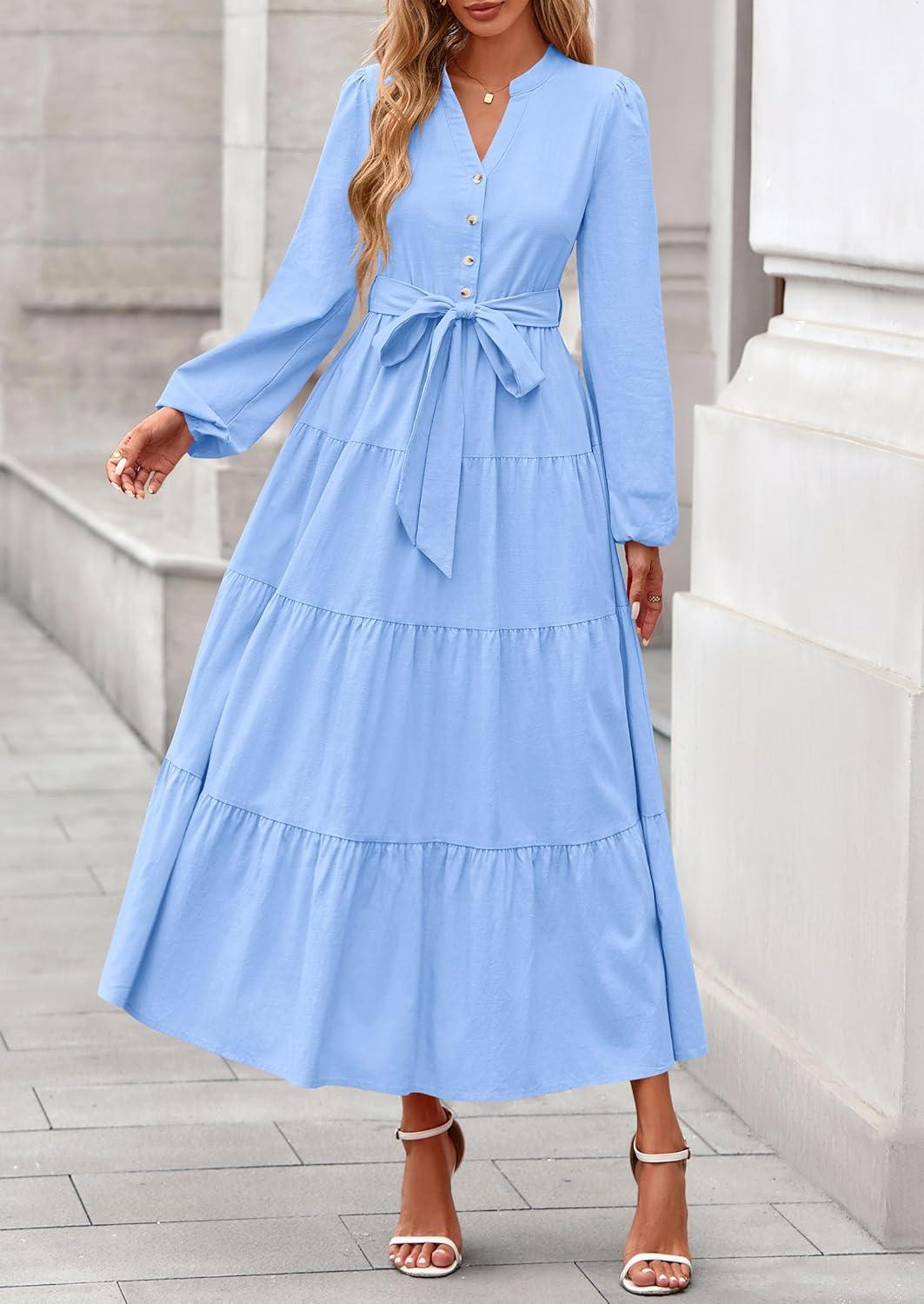 imagePRETTYGARDEN Maxi Dresses for Women Spring Long Sleeve V Neck Belted A Line Flowy Boho Wedding Guest Dress PocketsLight Blue