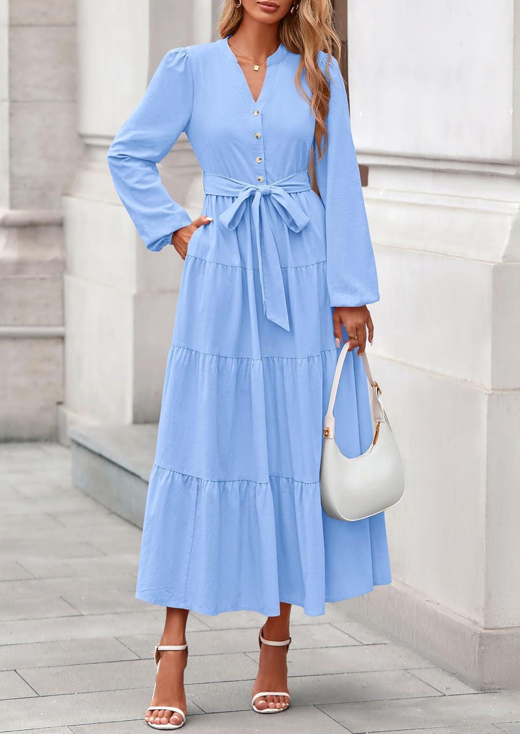 imagePRETTYGARDEN Maxi Dresses for Women Spring Long Sleeve V Neck Belted A Line Flowy Boho Wedding Guest Dress PocketsLight Blue