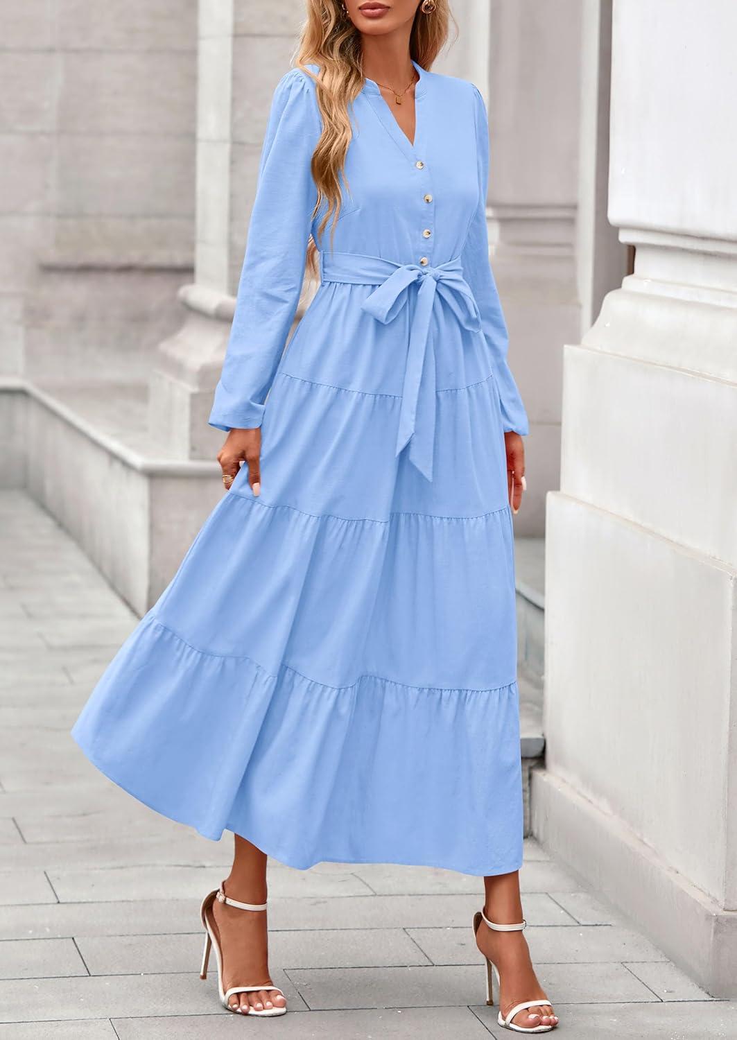 imagePRETTYGARDEN Maxi Dresses for Women Spring Long Sleeve V Neck Belted A Line Flowy Boho Wedding Guest Dress PocketsLight Blue