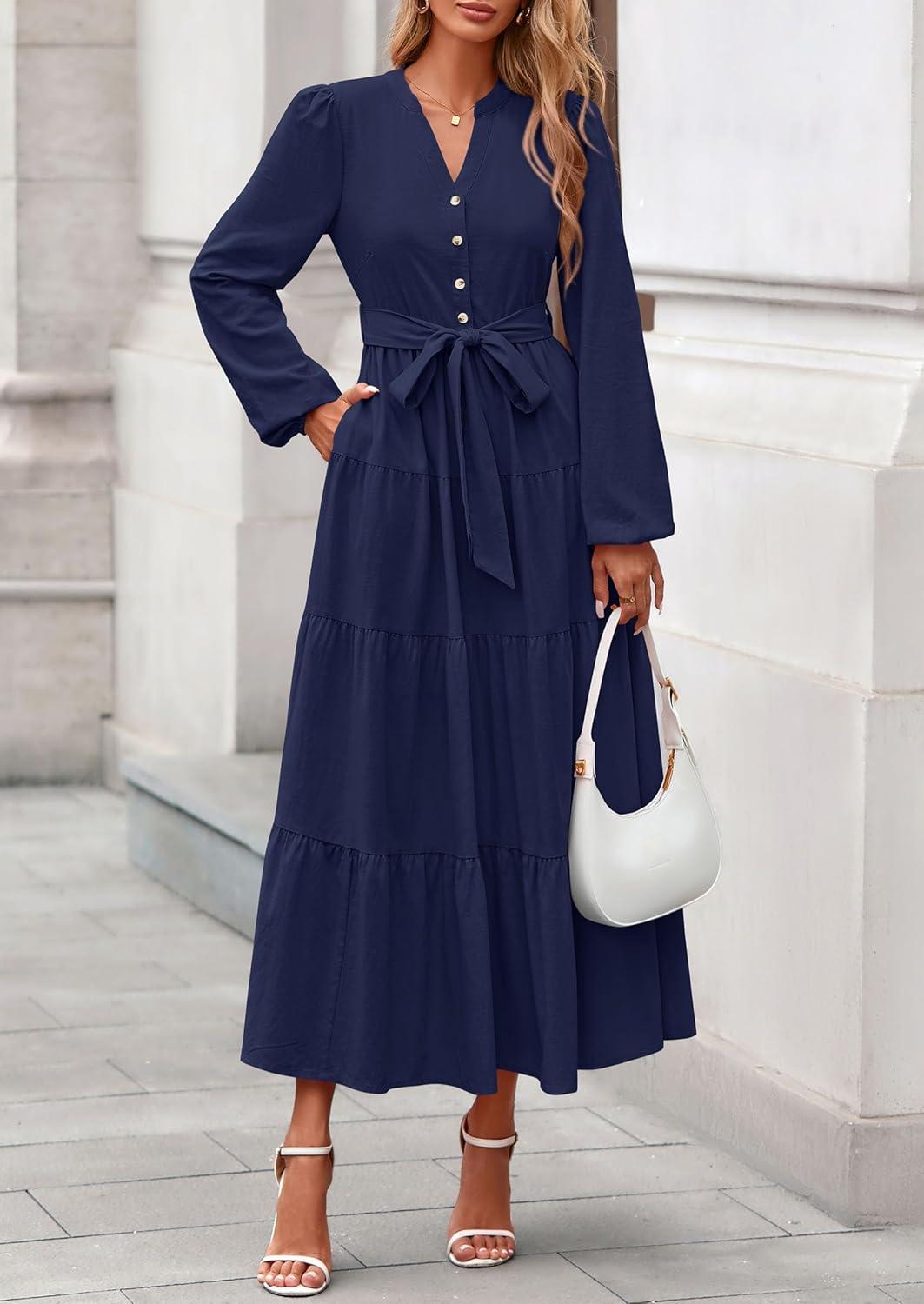 imagePRETTYGARDEN Maxi Dresses for Women Spring Long Sleeve V Neck Belted A Line Flowy Boho Wedding Guest Dress PocketsNavy Blue