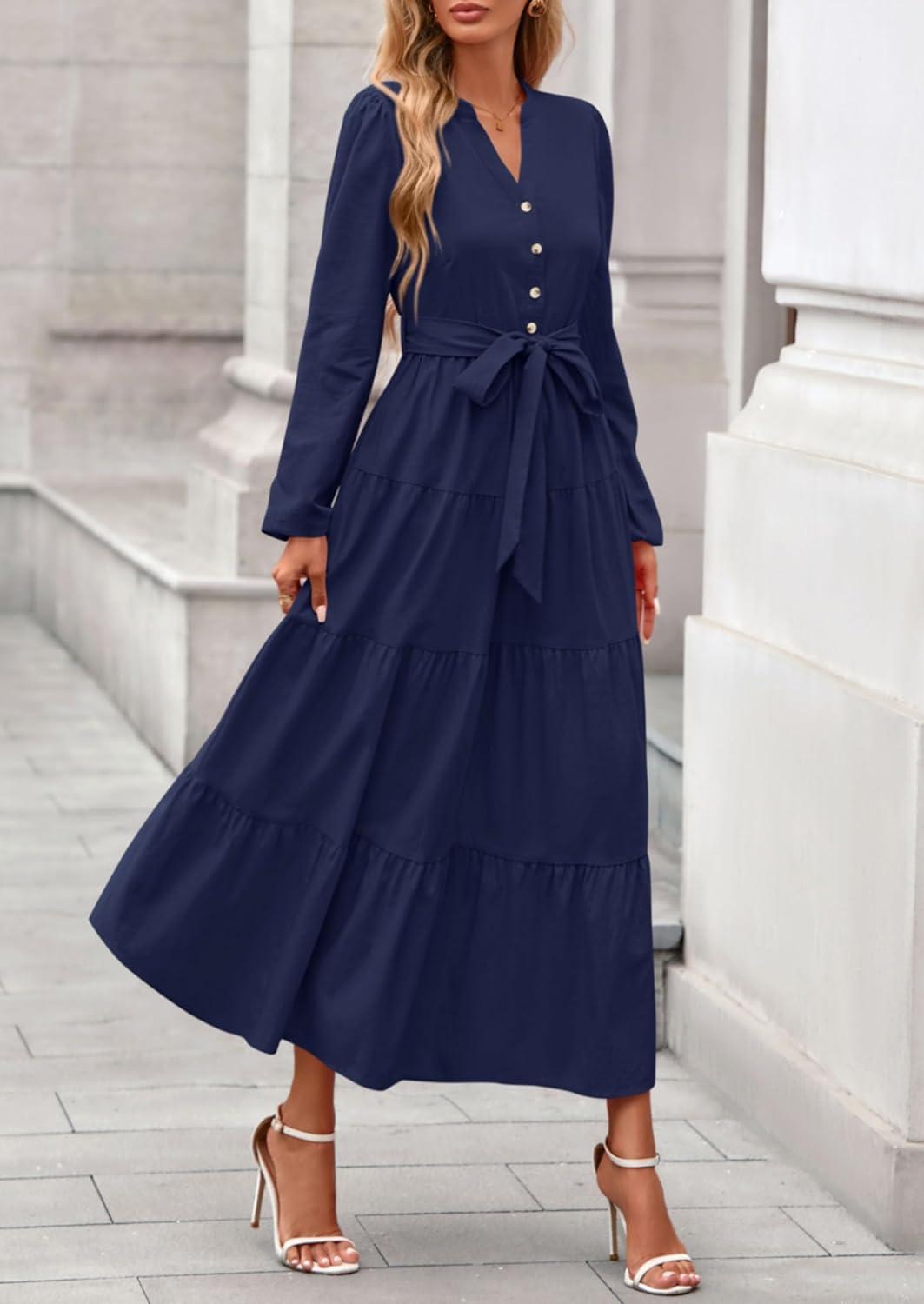 imagePRETTYGARDEN Maxi Dresses for Women Spring Long Sleeve V Neck Belted A Line Flowy Boho Wedding Guest Dress PocketsNavy Blue