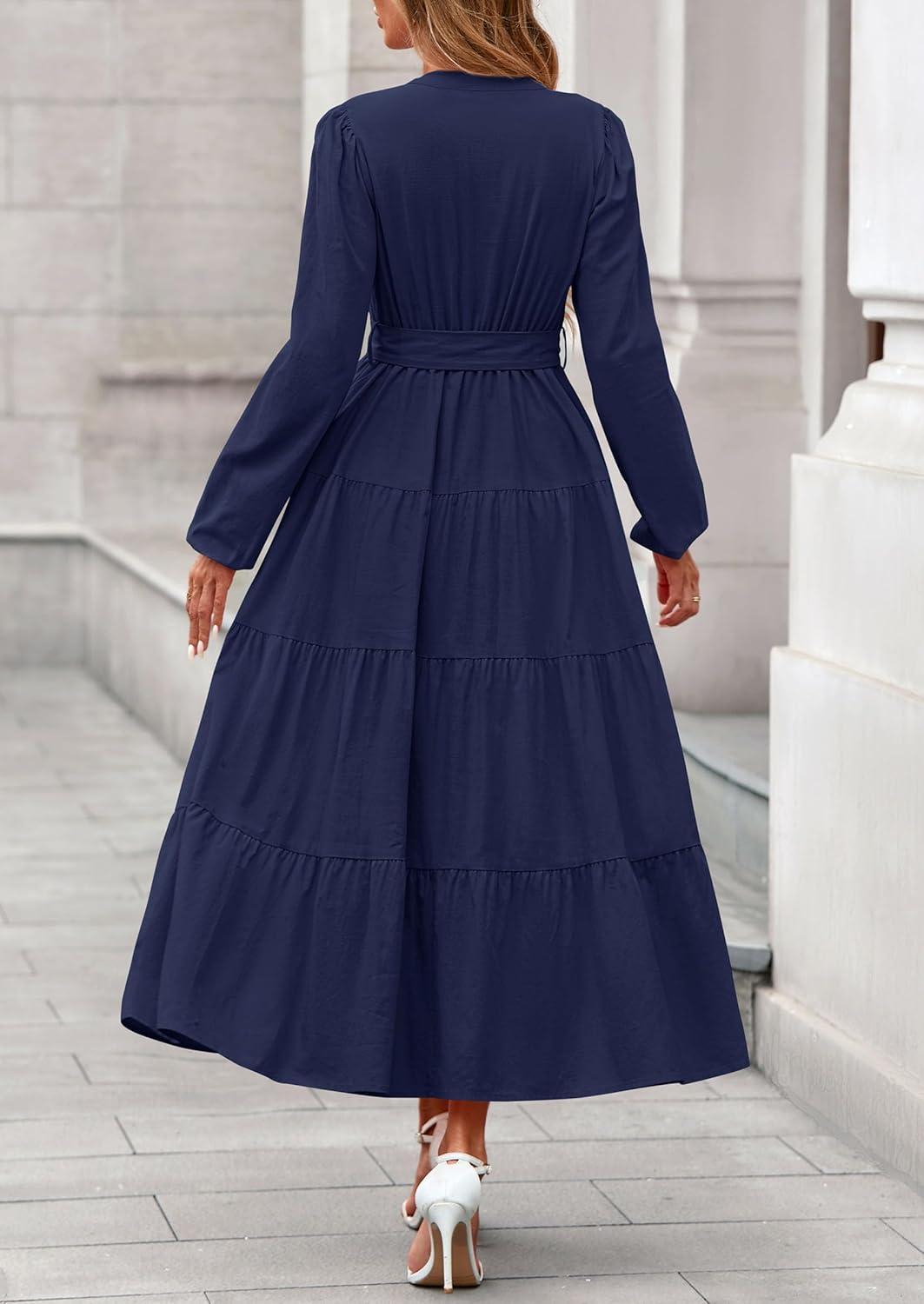 imagePRETTYGARDEN Maxi Dresses for Women Spring Long Sleeve V Neck Belted A Line Flowy Boho Wedding Guest Dress PocketsNavy Blue