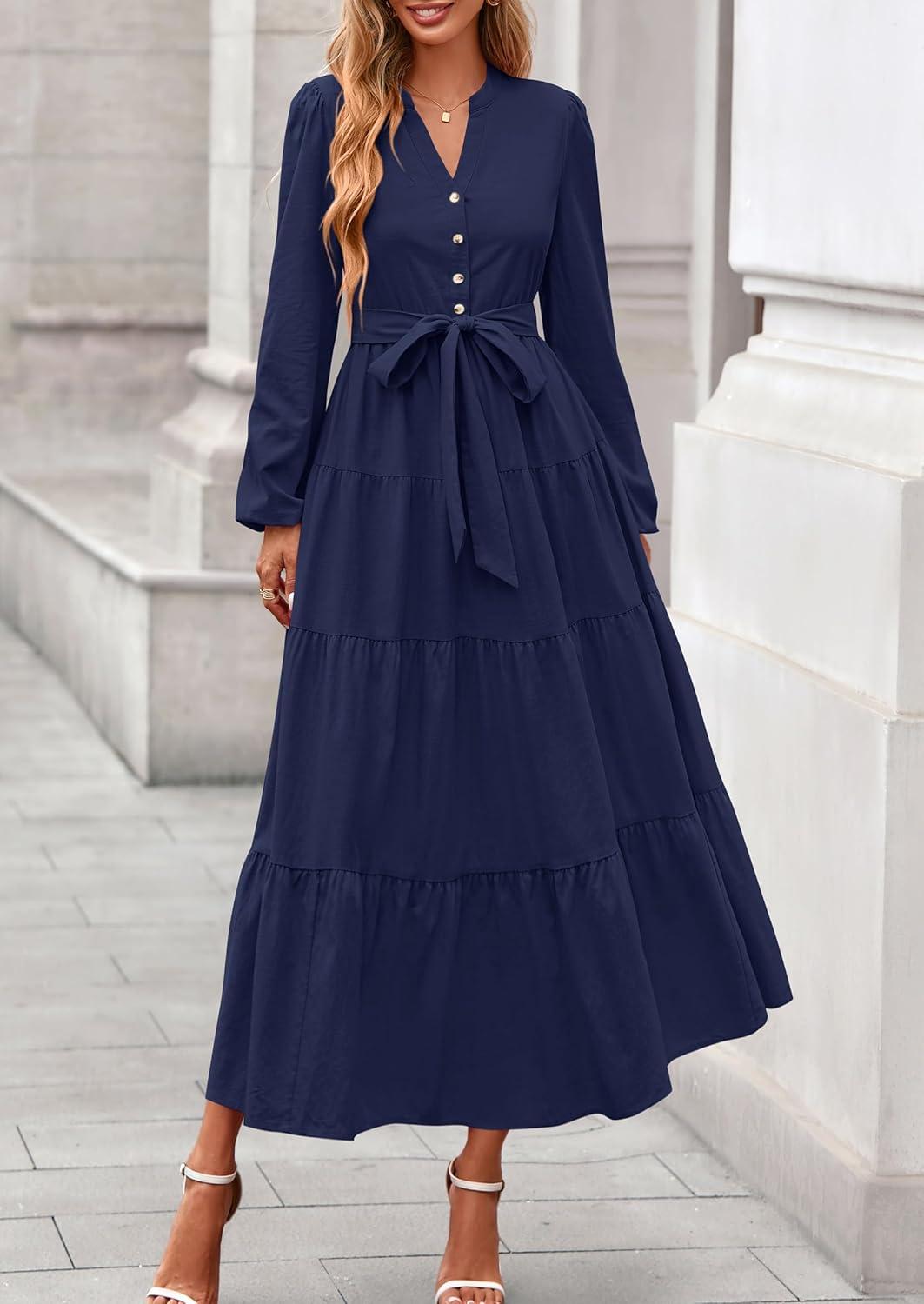 imagePRETTYGARDEN Maxi Dresses for Women Spring Long Sleeve V Neck Belted A Line Flowy Boho Wedding Guest Dress PocketsNavy Blue