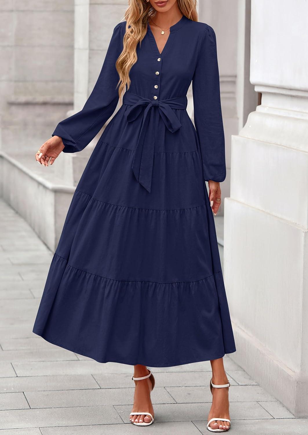 imagePRETTYGARDEN Maxi Dresses for Women Spring Long Sleeve V Neck Belted A Line Flowy Boho Wedding Guest Dress PocketsNavy Blue