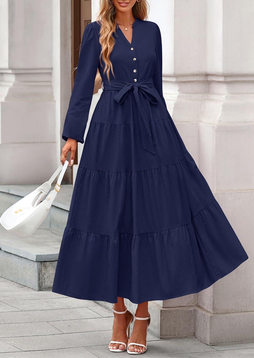 imagePRETTYGARDEN Maxi Dresses for Women Spring Long Sleeve V Neck Belted A Line Flowy Boho Wedding Guest Dress PocketsNavy Blue