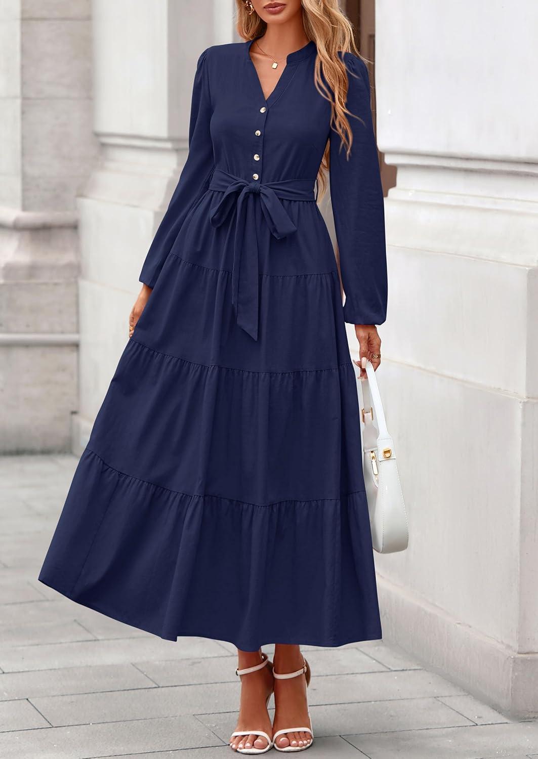 imagePRETTYGARDEN Maxi Dresses for Women Spring Long Sleeve V Neck Belted A Line Flowy Boho Wedding Guest Dress PocketsNavy Blue