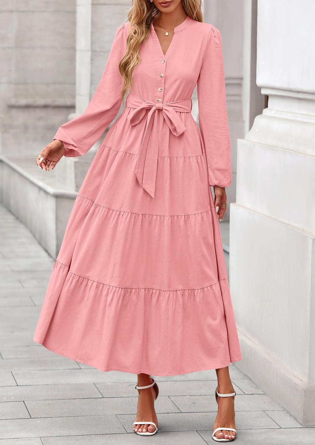 imagePRETTYGARDEN Maxi Dresses for Women Spring Long Sleeve V Neck Belted A Line Flowy Boho Wedding Guest Dress PocketsPink