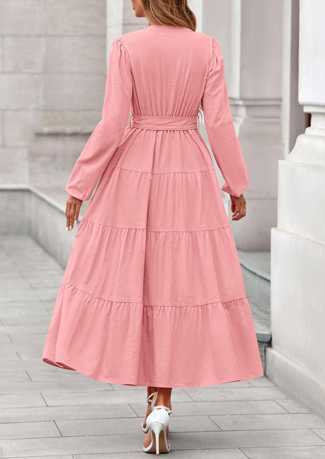 imagePRETTYGARDEN Maxi Dresses for Women Spring Long Sleeve V Neck Belted A Line Flowy Boho Wedding Guest Dress PocketsPink