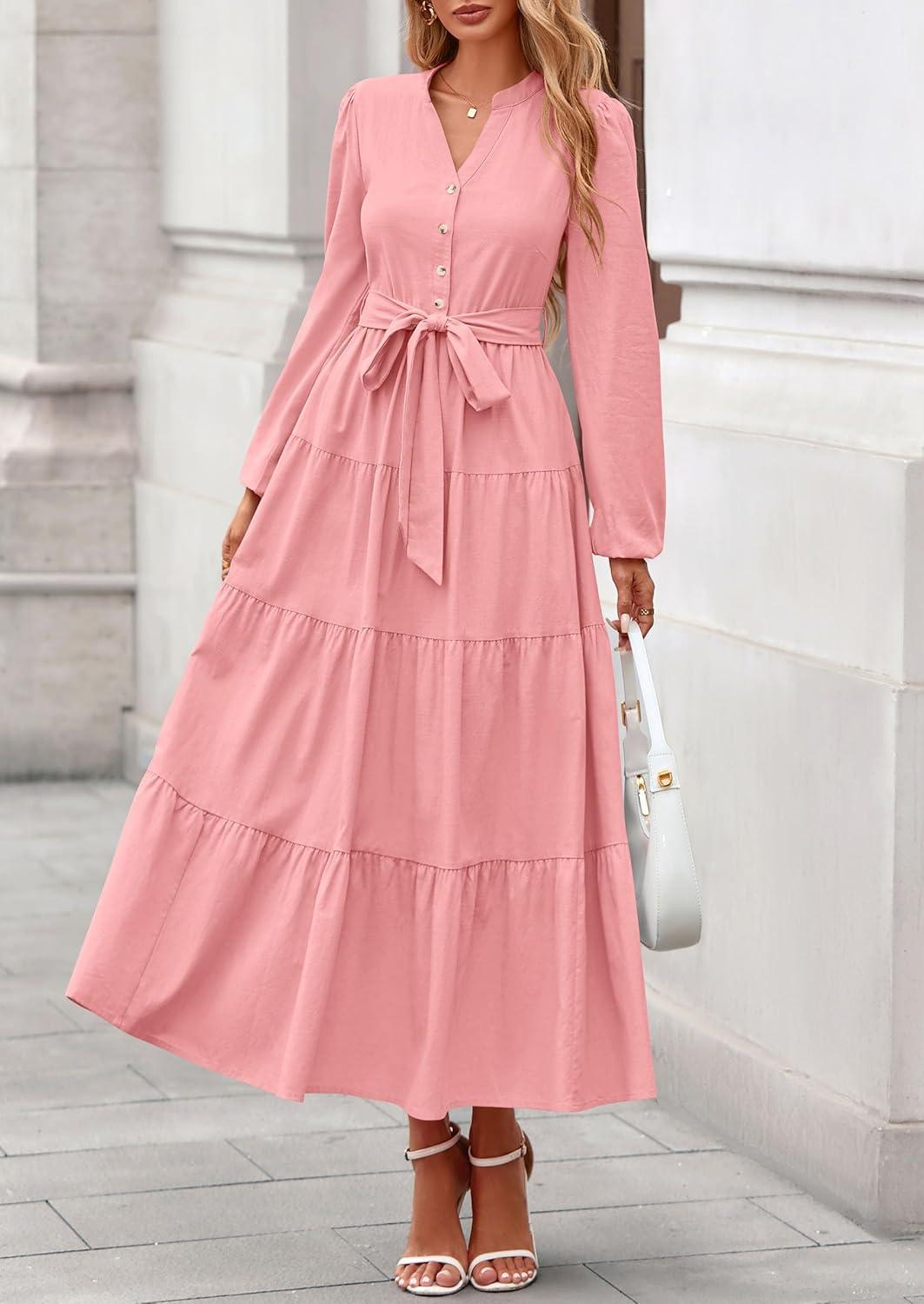 imagePRETTYGARDEN Maxi Dresses for Women Spring Long Sleeve V Neck Belted A Line Flowy Boho Wedding Guest Dress PocketsPink