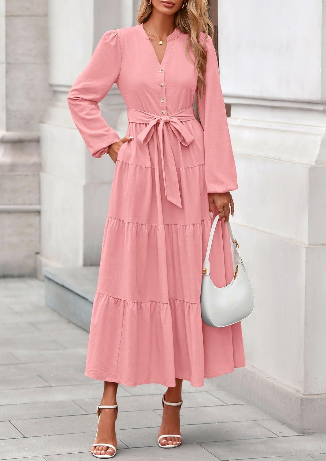 imagePRETTYGARDEN Maxi Dresses for Women Spring Long Sleeve V Neck Belted A Line Flowy Boho Wedding Guest Dress PocketsPink