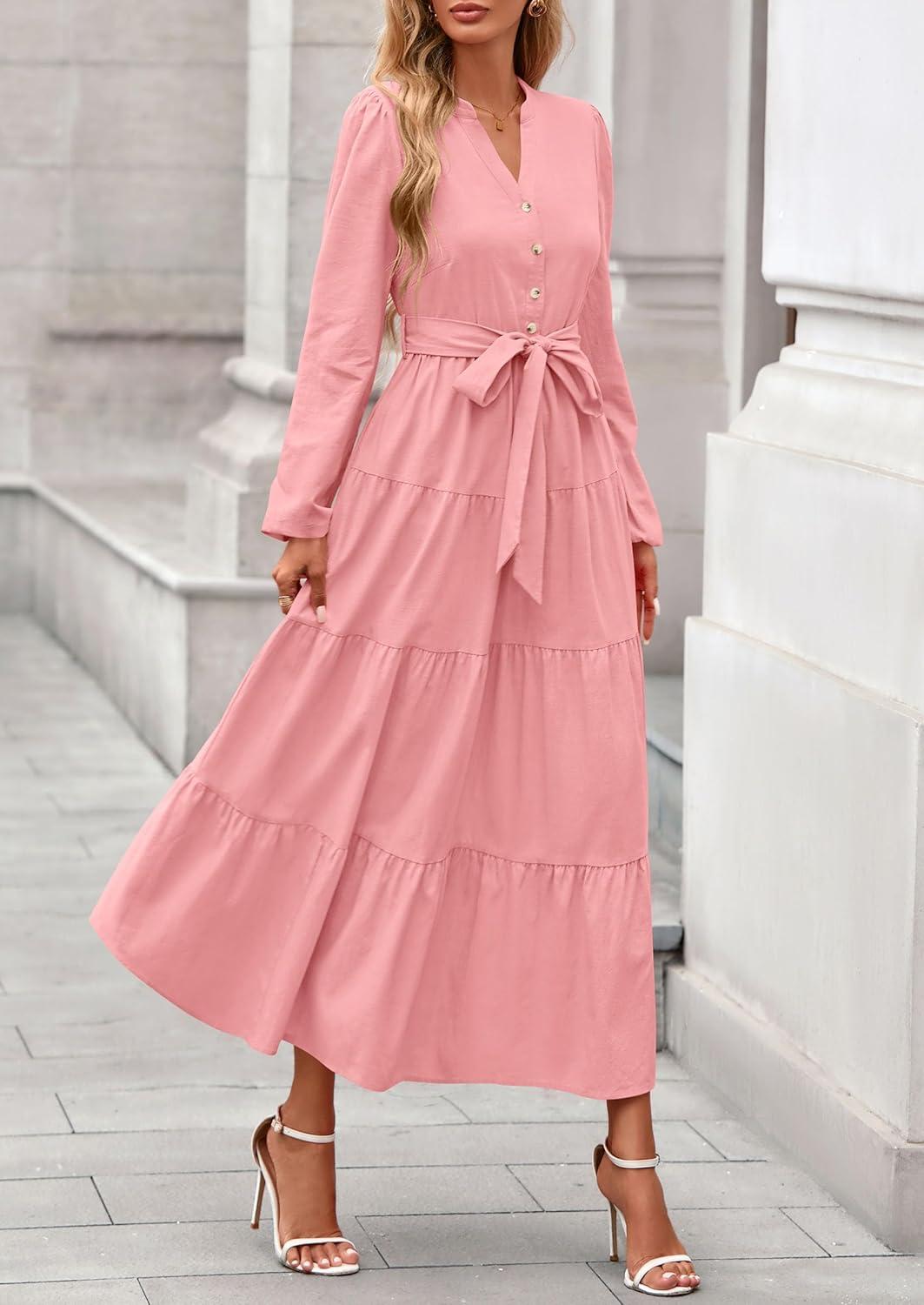 imagePRETTYGARDEN Maxi Dresses for Women Spring Long Sleeve V Neck Belted A Line Flowy Boho Wedding Guest Dress PocketsPink