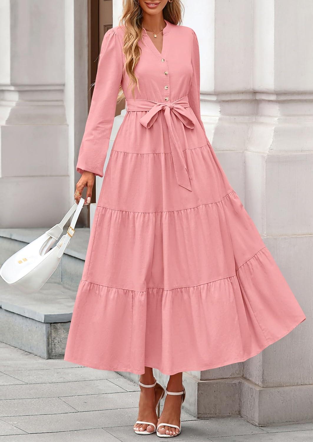 imagePRETTYGARDEN Maxi Dresses for Women Spring Long Sleeve V Neck Belted A Line Flowy Boho Wedding Guest Dress PocketsPink