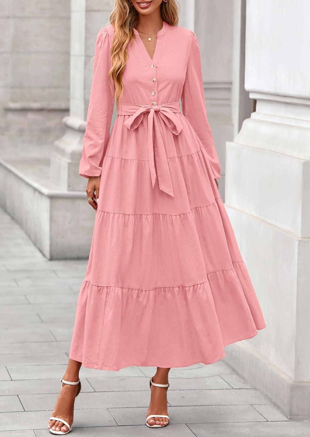 imagePRETTYGARDEN Maxi Dresses for Women Spring Long Sleeve V Neck Belted A Line Flowy Boho Wedding Guest Dress PocketsPink