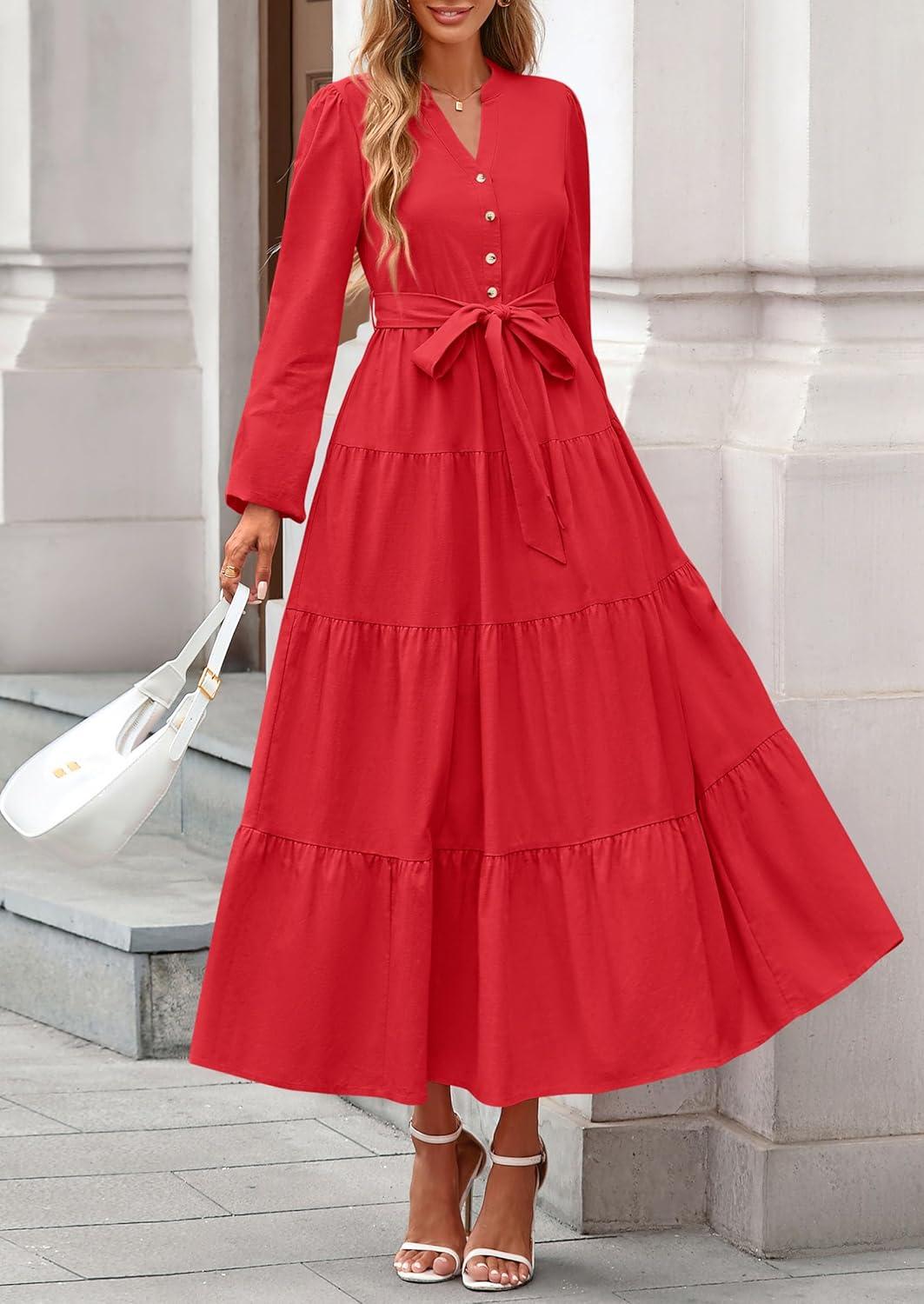 imagePRETTYGARDEN Maxi Dresses for Women Spring Long Sleeve V Neck Belted A Line Flowy Boho Wedding Guest Dress PocketsRed