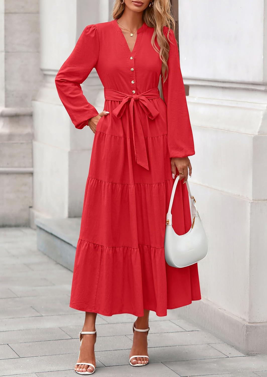 imagePRETTYGARDEN Maxi Dresses for Women Spring Long Sleeve V Neck Belted A Line Flowy Boho Wedding Guest Dress PocketsRed