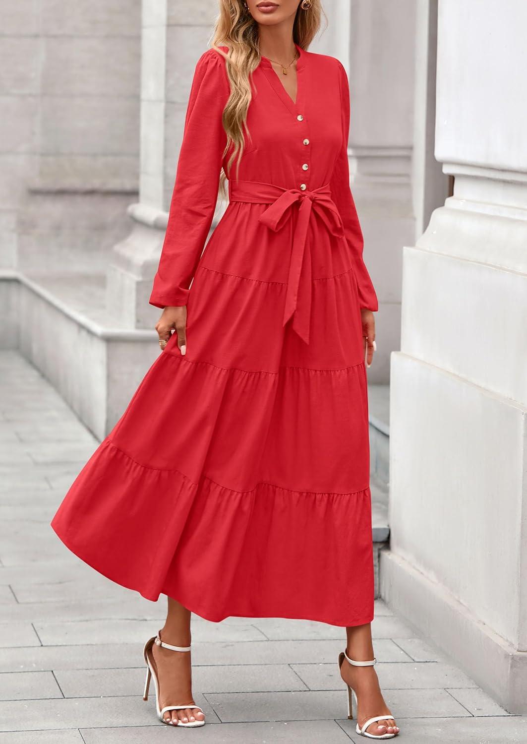 imagePRETTYGARDEN Maxi Dresses for Women Spring Long Sleeve V Neck Belted A Line Flowy Boho Wedding Guest Dress PocketsRed