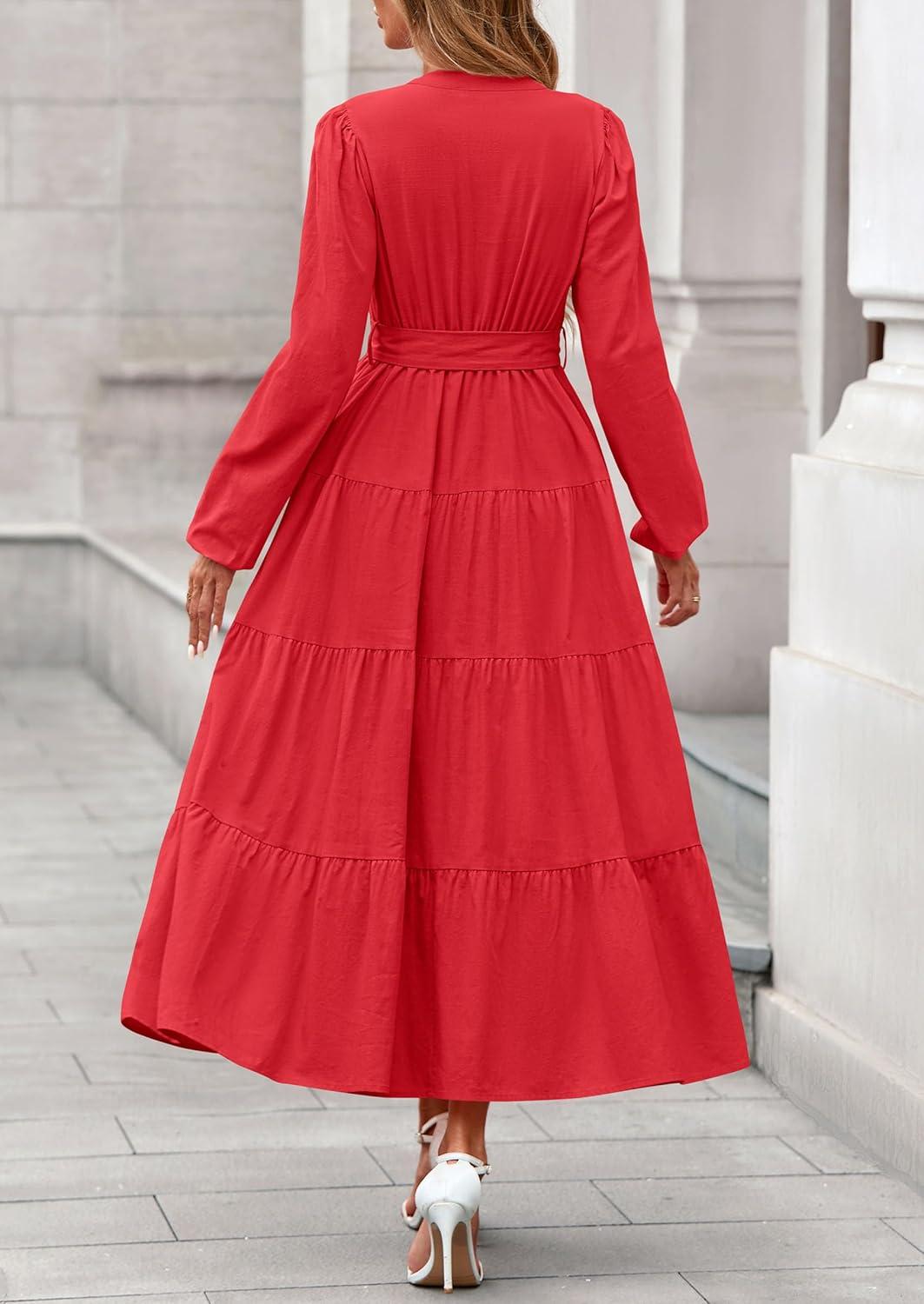 imagePRETTYGARDEN Maxi Dresses for Women Spring Long Sleeve V Neck Belted A Line Flowy Boho Wedding Guest Dress PocketsRed