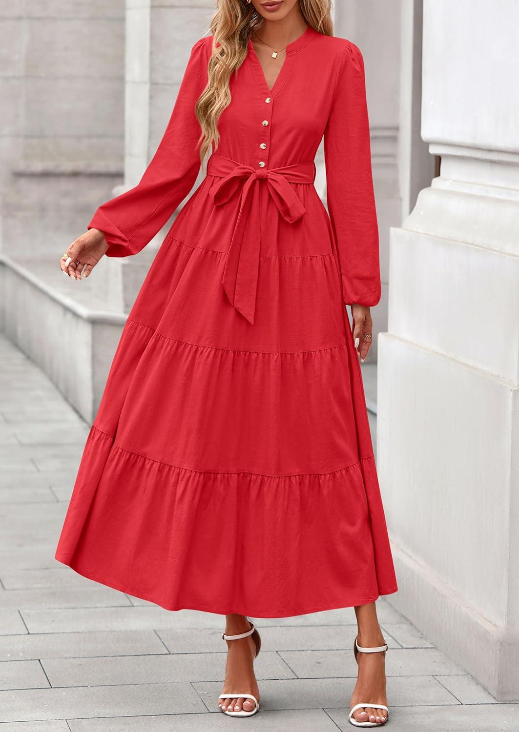 imagePRETTYGARDEN Maxi Dresses for Women Spring Long Sleeve V Neck Belted A Line Flowy Boho Wedding Guest Dress PocketsRed