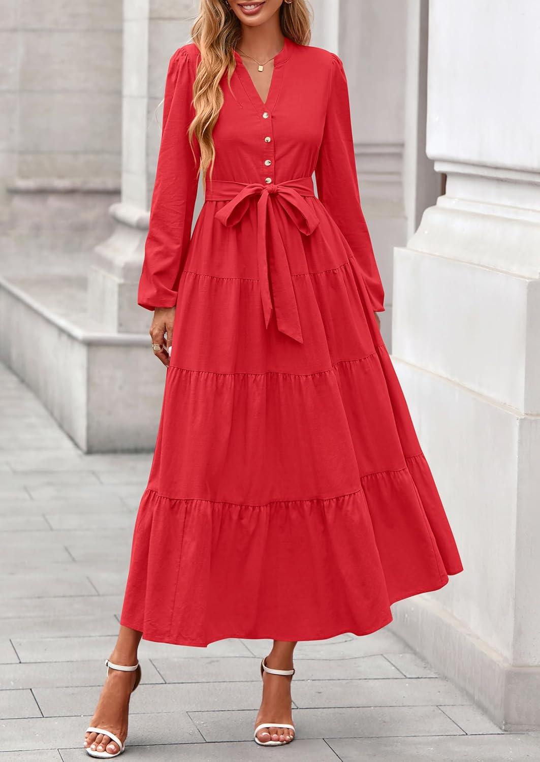imagePRETTYGARDEN Maxi Dresses for Women Spring Long Sleeve V Neck Belted A Line Flowy Boho Wedding Guest Dress PocketsRed
